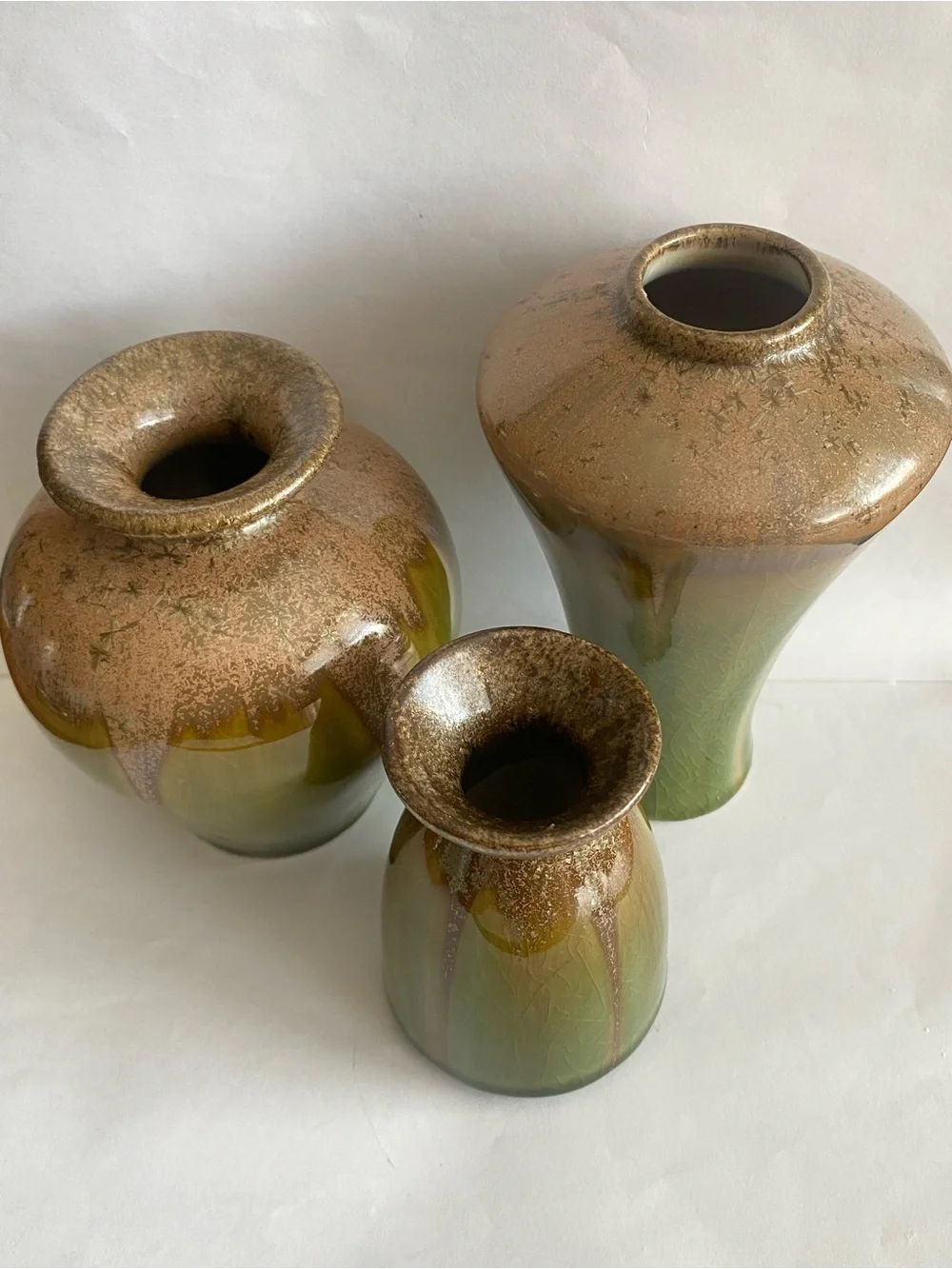 Vtg Hosley Art Pottery 3-piece Decorative Vase Set Glossy Earth Tone Drip Glaze